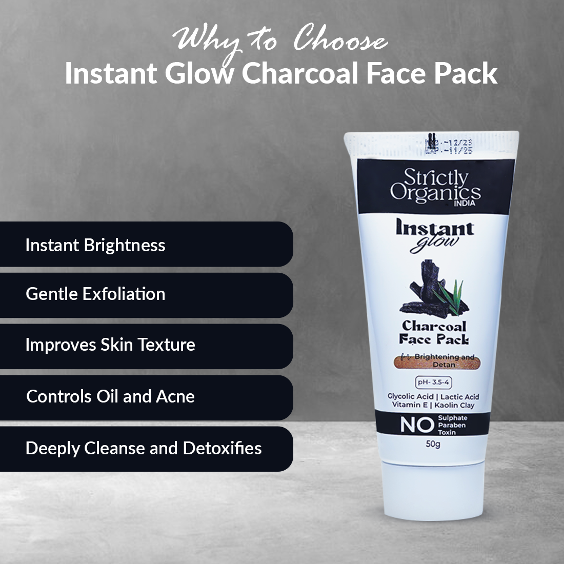 benefits of using Instant glow charcoal afce pack with glycolic acid, lactic acid, vitamin E- Strictly organics